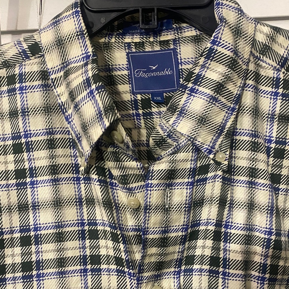 Faconnable Men's Cream, Blue & Black Plaid Button-Down Shirt